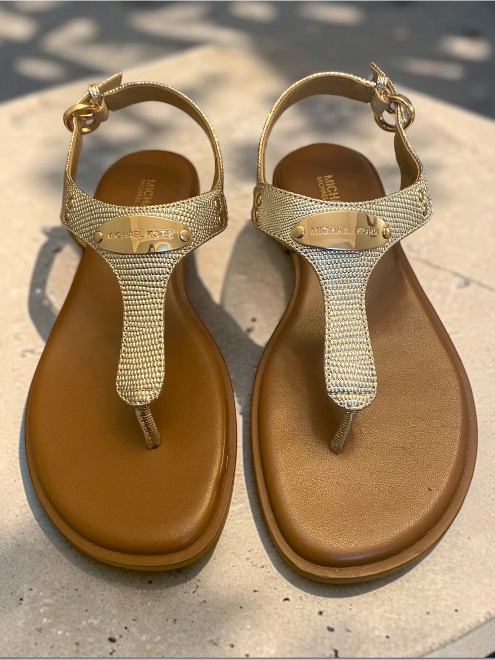 Michael Kors Gold T-Strap Leather “Jilly Flat” Sandals, Sz. 6m, New in Box
